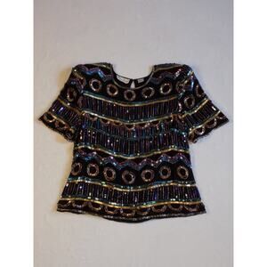 VTG Laurence Kazar Sequin Beaded Blouse Eveningwear 80s 90s 100% Silk
